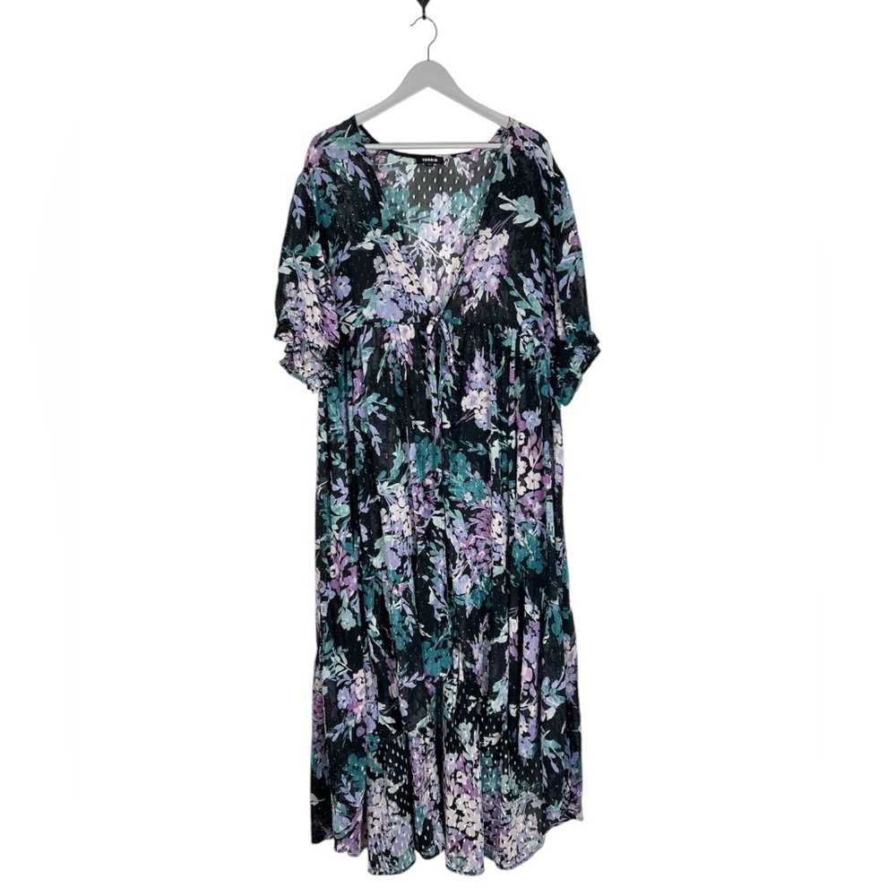 TORRID Black Purple Floral Short‎ Sleeve Swiss Dot Duster Kimono SIze 4 (4X)